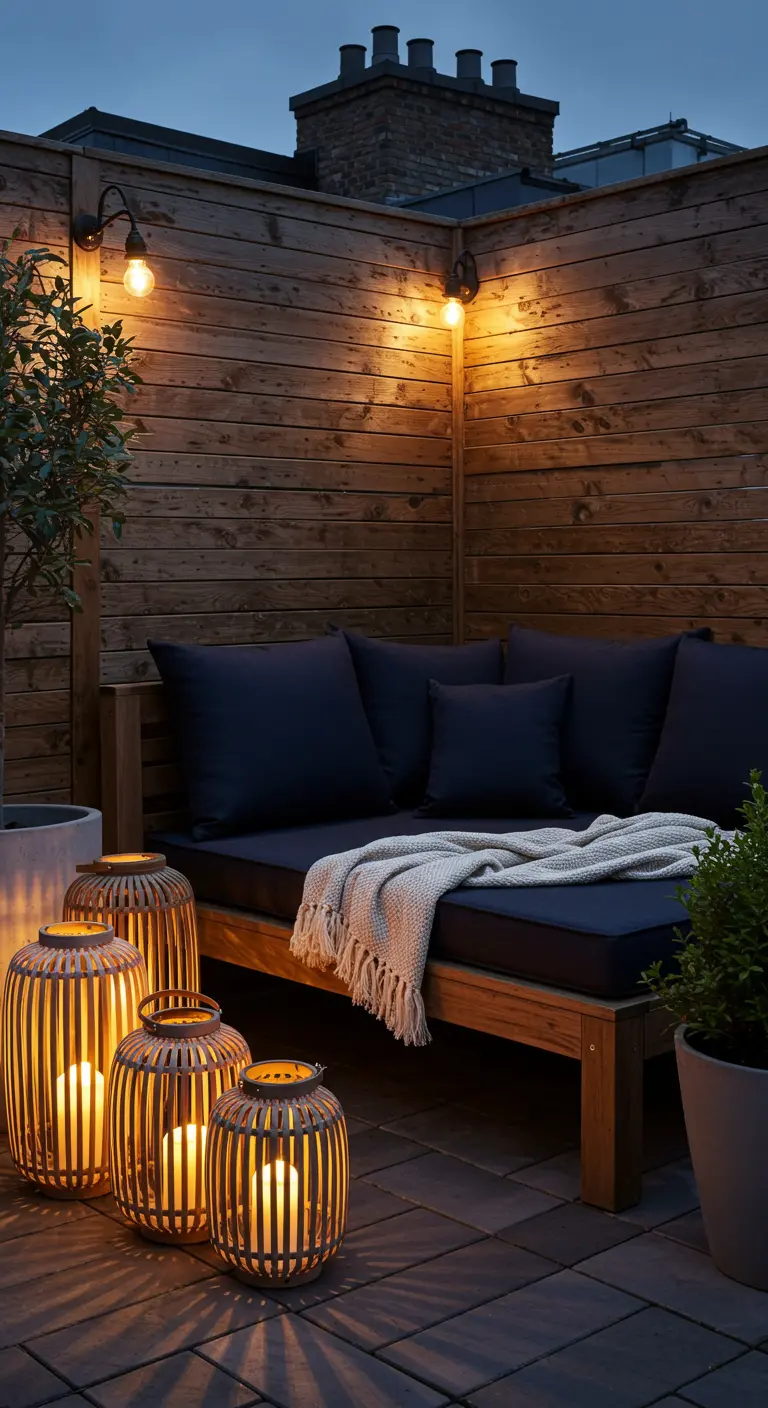 Cozy rooftop patio corner with wood walls, dark sofa, and glowing bamboo lanterns.