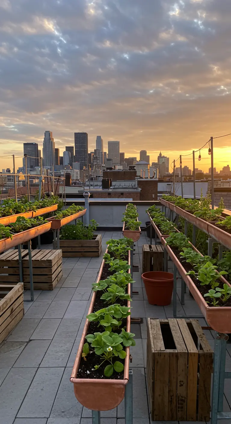 Copper planters on a rooftop garden with city skyline at sunset