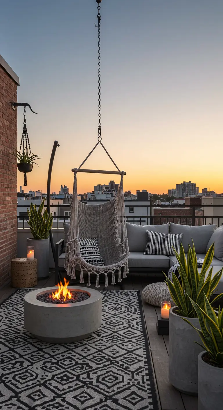 A grey hammock chair on a modern rooftop patio with a fire pit and city views at sunset.