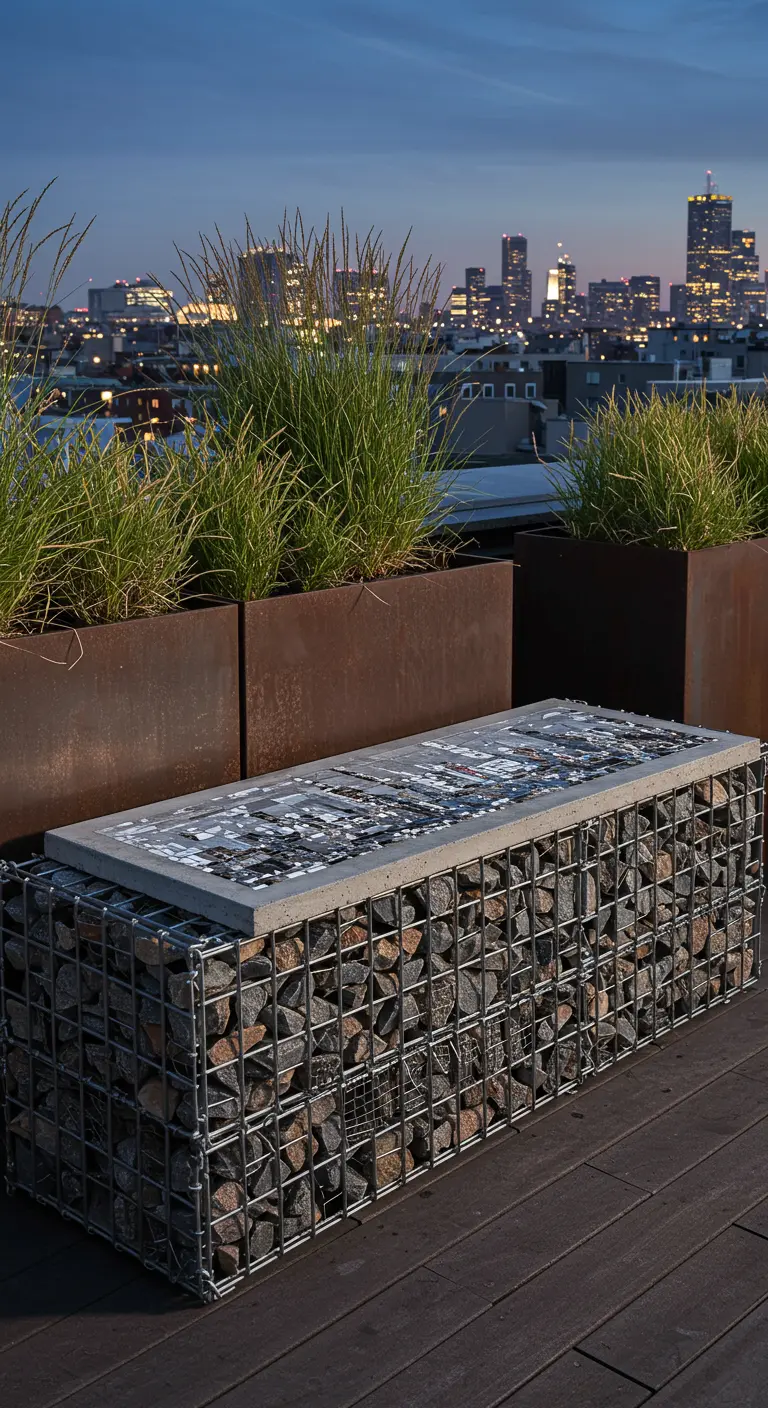 A gabion bench filled with stones, topped with a concrete slab and abstract tile mosaic on a city rooftop.