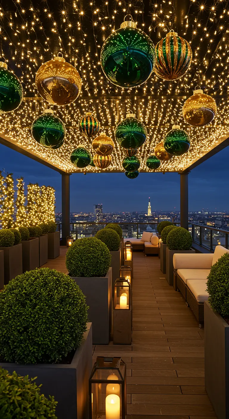 Rooftop terrace with a ceiling of fairy lights and large hanging ornaments.