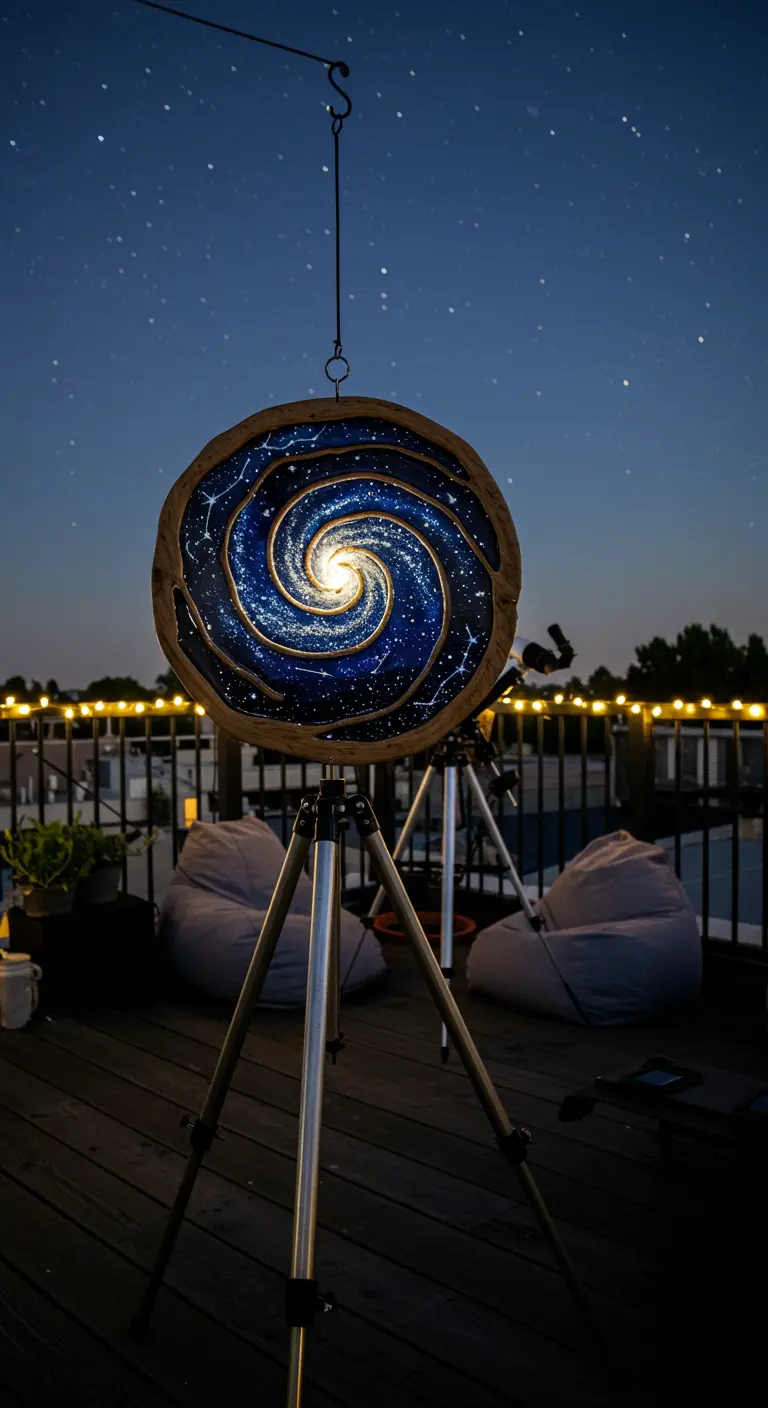 A spiral galaxy resin and wood spinner on a tripod on a rooftop at night, with stars above.