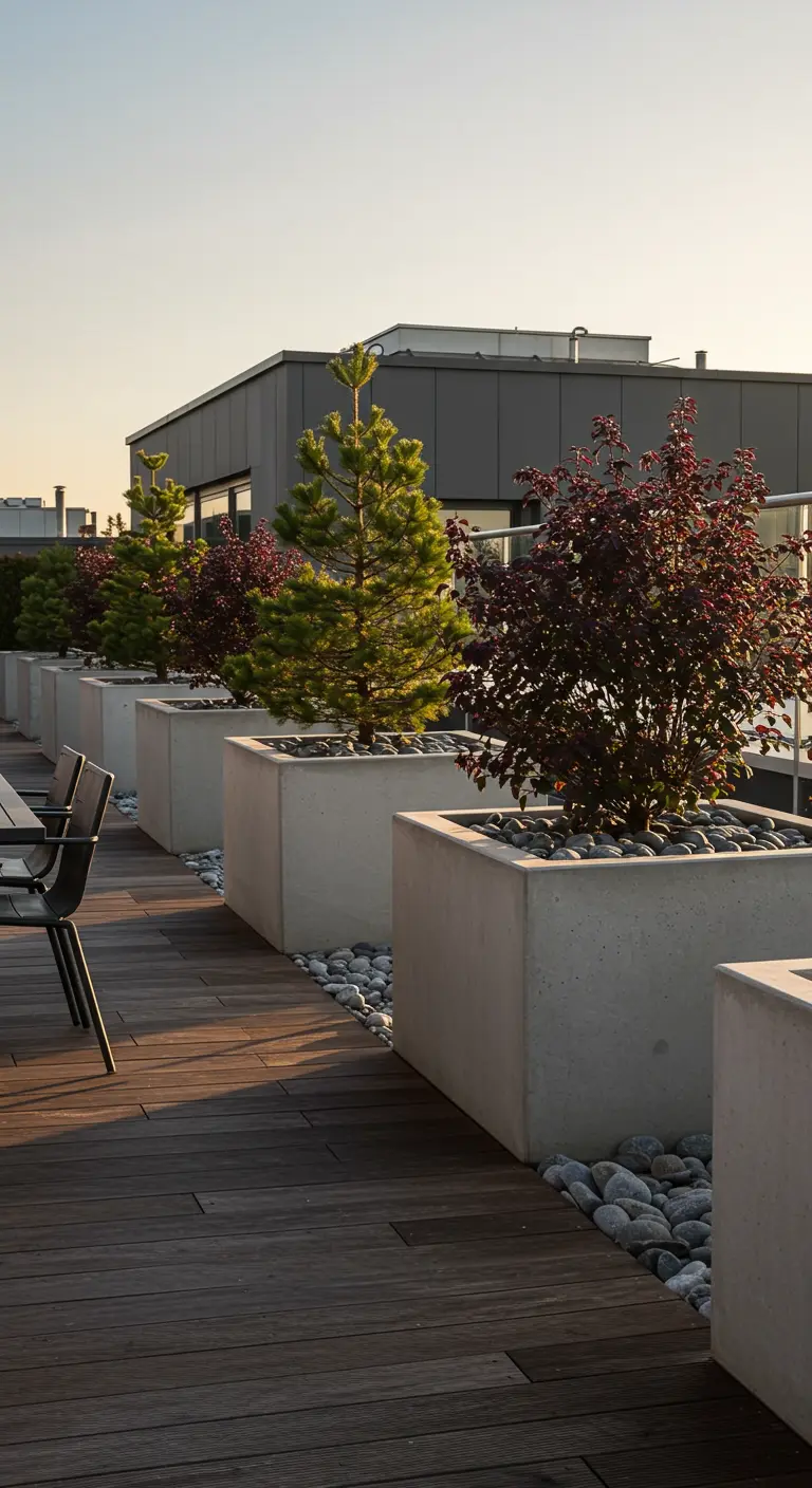 A row of modern concrete planters with dwarf conifers on a rooftop deck.