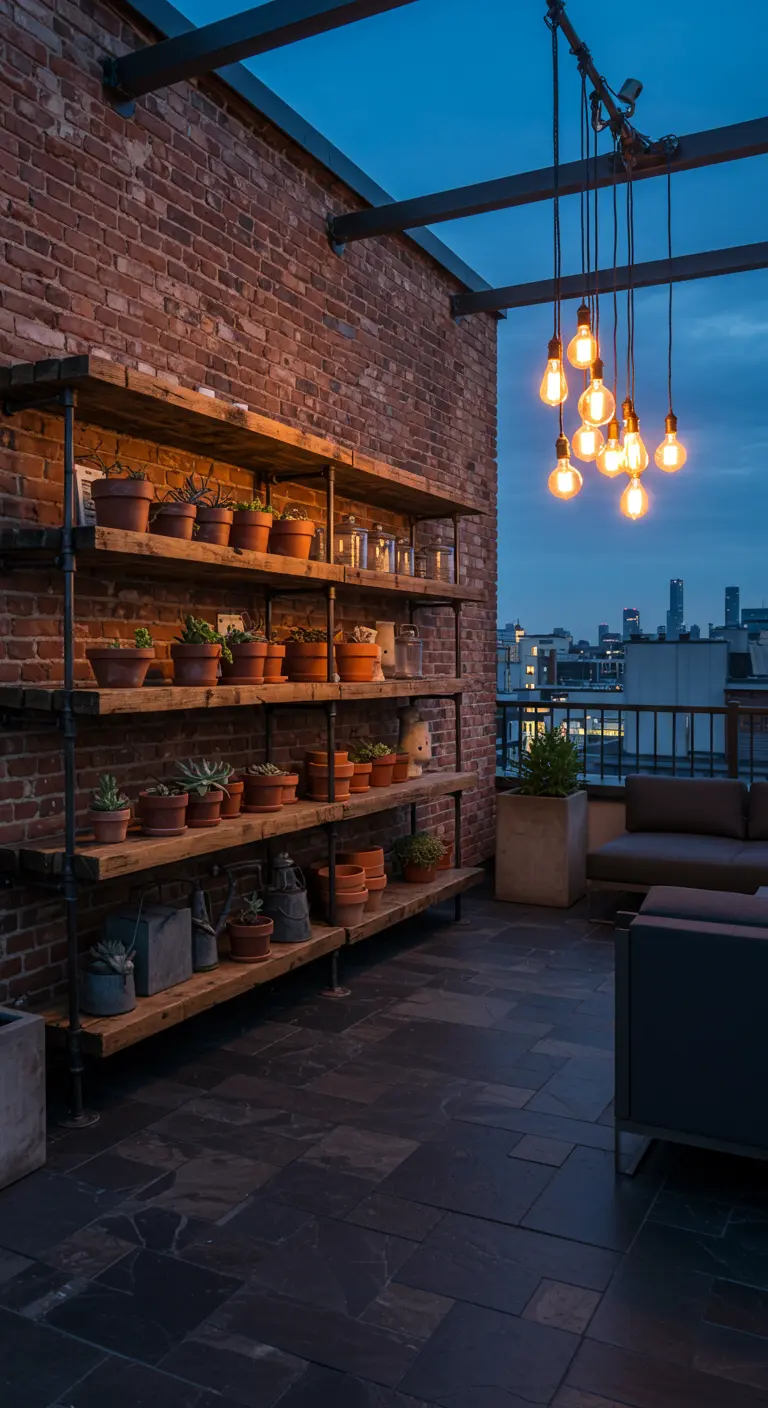 Rooftop patio at dusk with brick wall, industrial pipe shelves holding plants, and hanging Edison bulbs.
