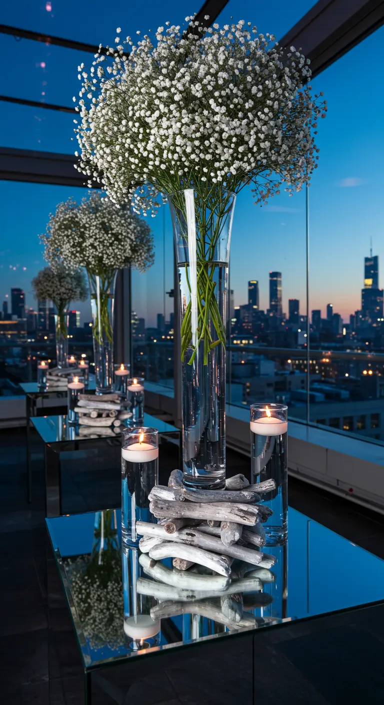 Modern rooftop table with tall baby's breath clouds and piles of white driftwood at the base.
