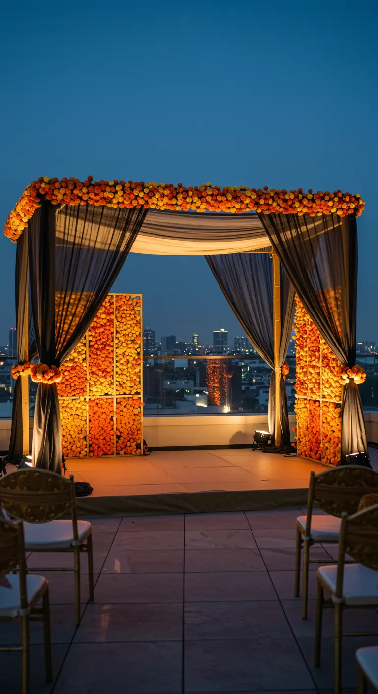 A modern rooftop mandap with black drapes and vibrant orange marigold panels at night.