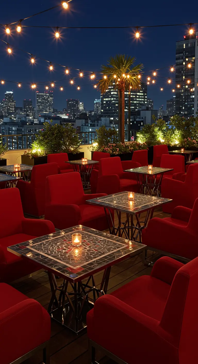 Rooftop terrace with red velvet chairs and mosaic tables under string lights at night.