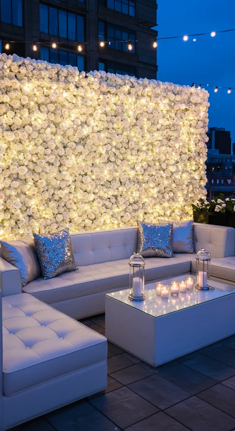 A chic rooftop lounge with white sofas and a massive wall of white roses lit from within.