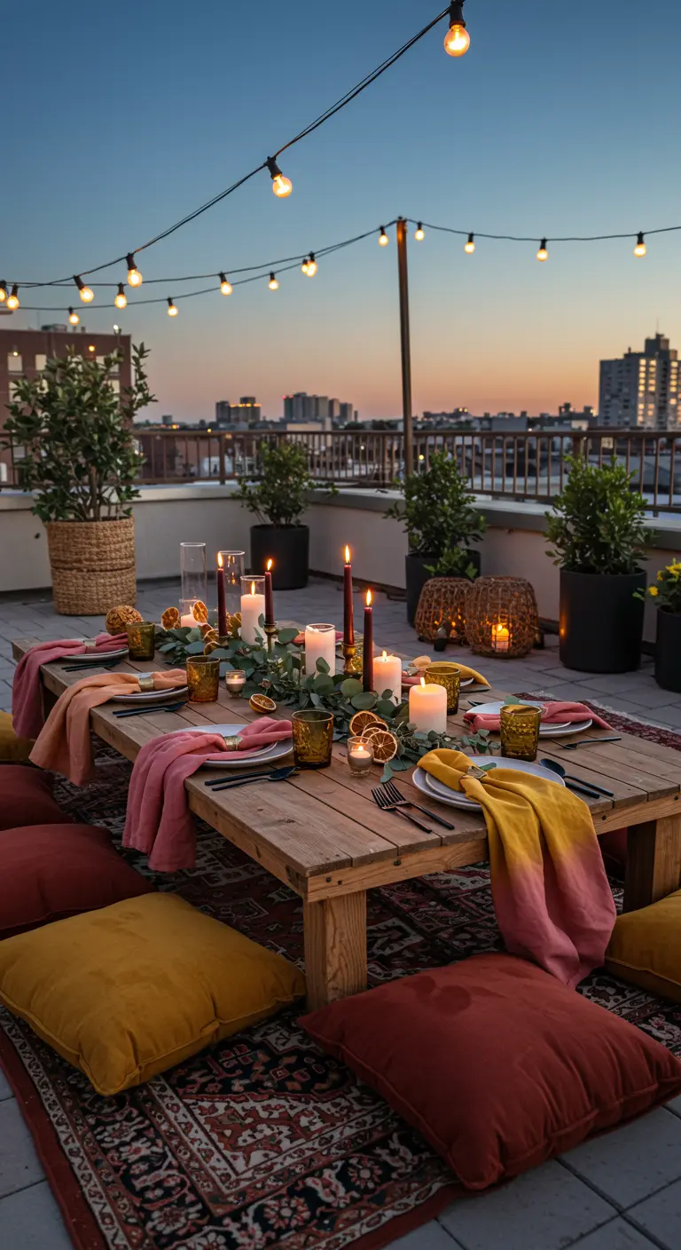 Rooftop sunset picnic with low seating, cushions, and string lights.