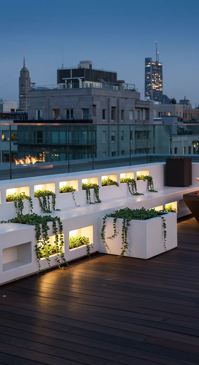 A multi-level white rooftop bench with illuminated niches filled with trailing plants at night.