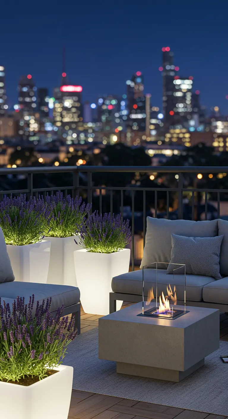A rooftop patio at night with glowing white planters, a fire table, and a view of the city.