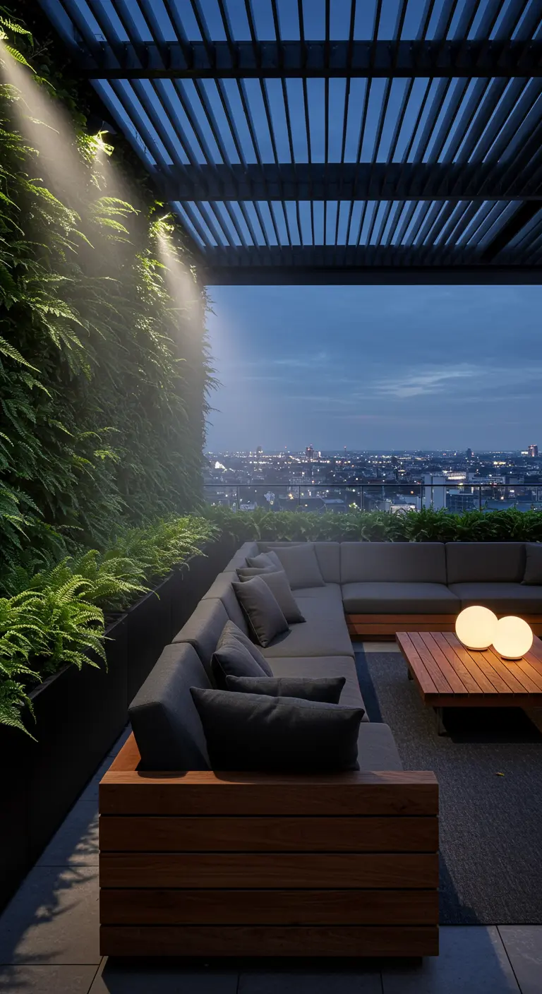 Roftop terrace with a large grey sectional and a spotlight on a fern wall at night.