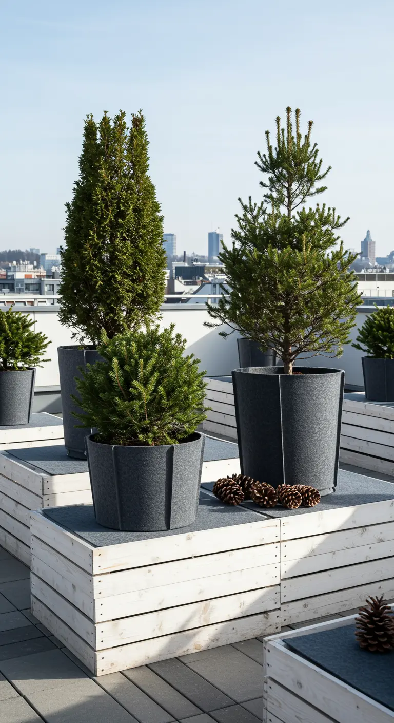Rooftop patio with white crates, grey felt planters holding evergreens, and scattered pinecones.