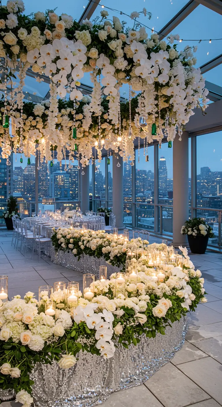 Rooftop wedding with a sequin table and a massive hanging installation of white orchids.