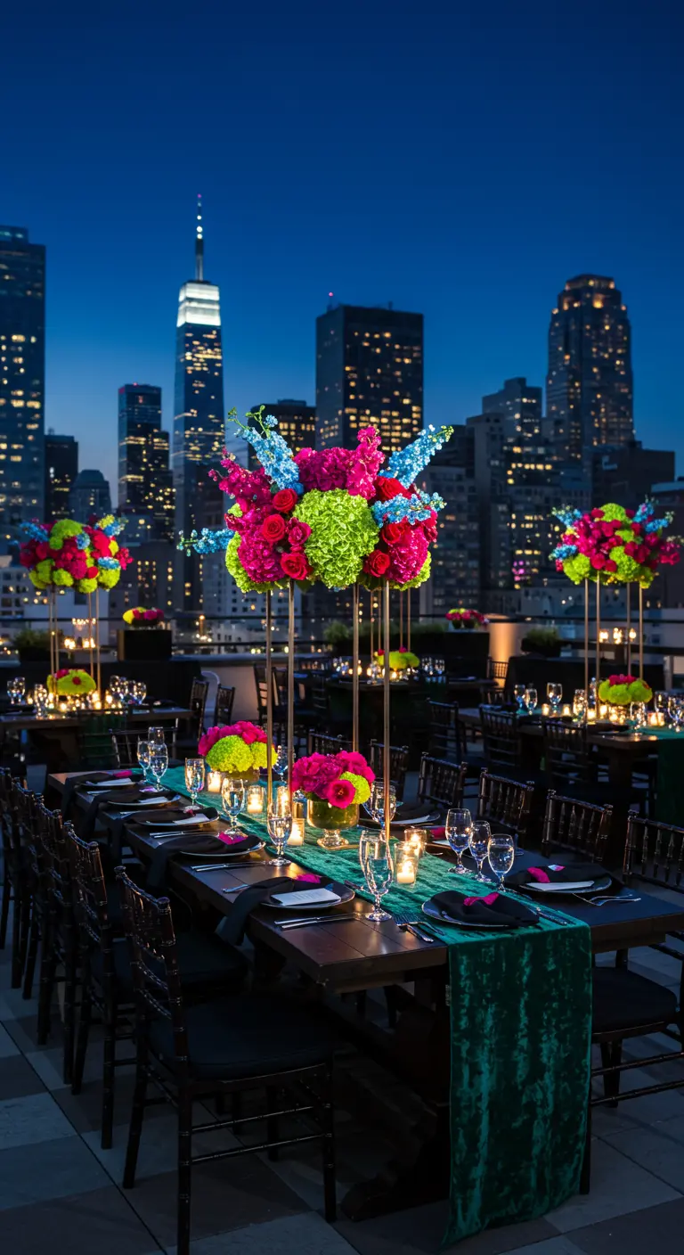 Rooftop party overlooking city skyline, dark tables, emerald velvet runners, and bright multi-colored flowers.