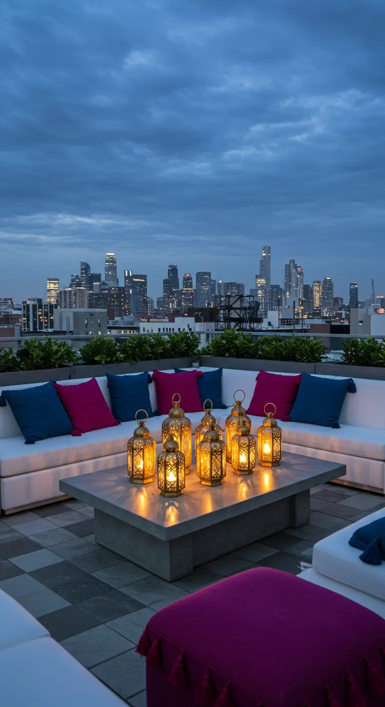 Gold Moroccan lanterns glowing on a rooftop patio table at dusk with a city skyline.
