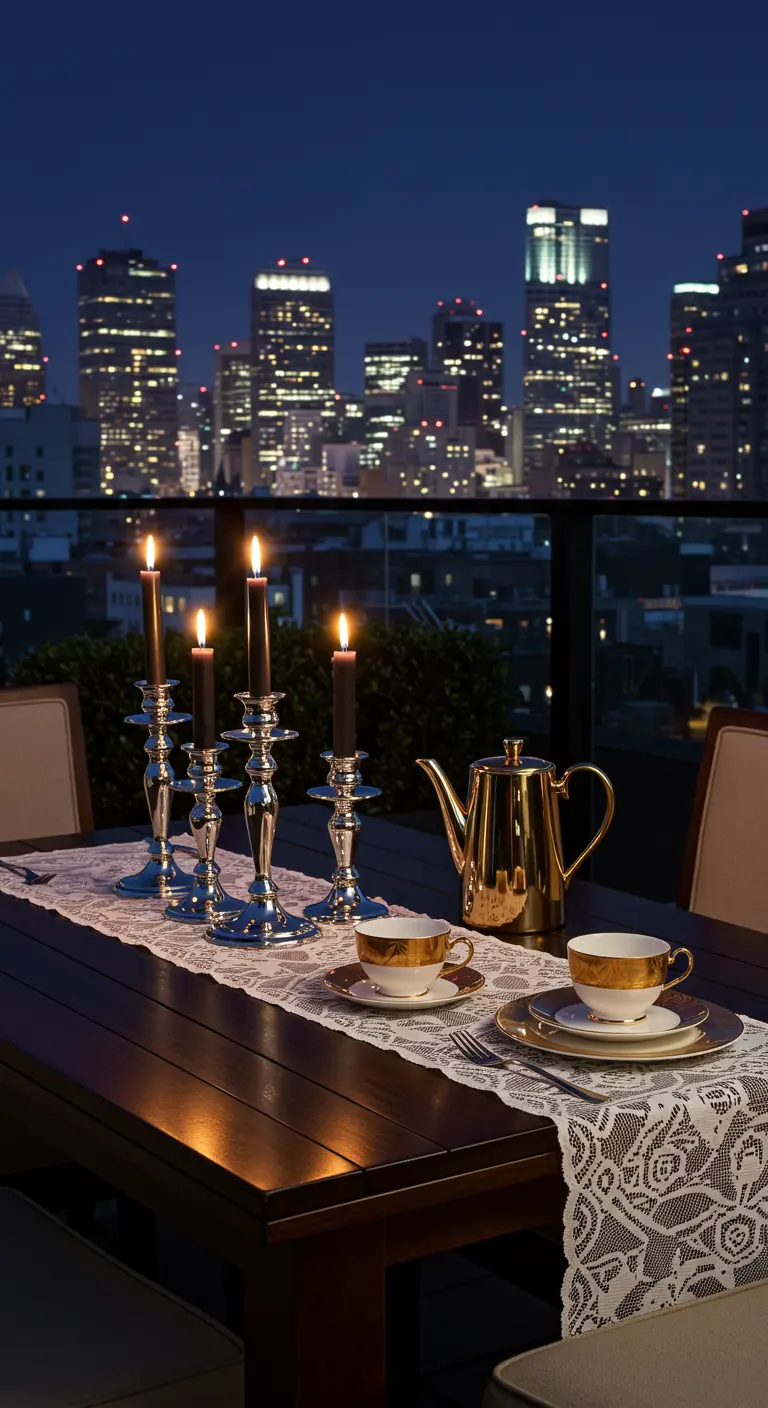 A rooftop dining table at night with a city skyline view, set with a lace runner and silver candelabras.