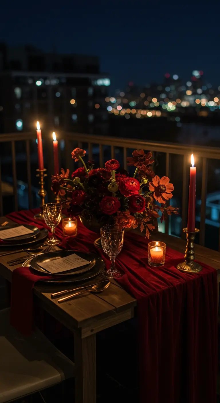 Romantic table for two on a balcony at night, with red flowers and city lights behind.