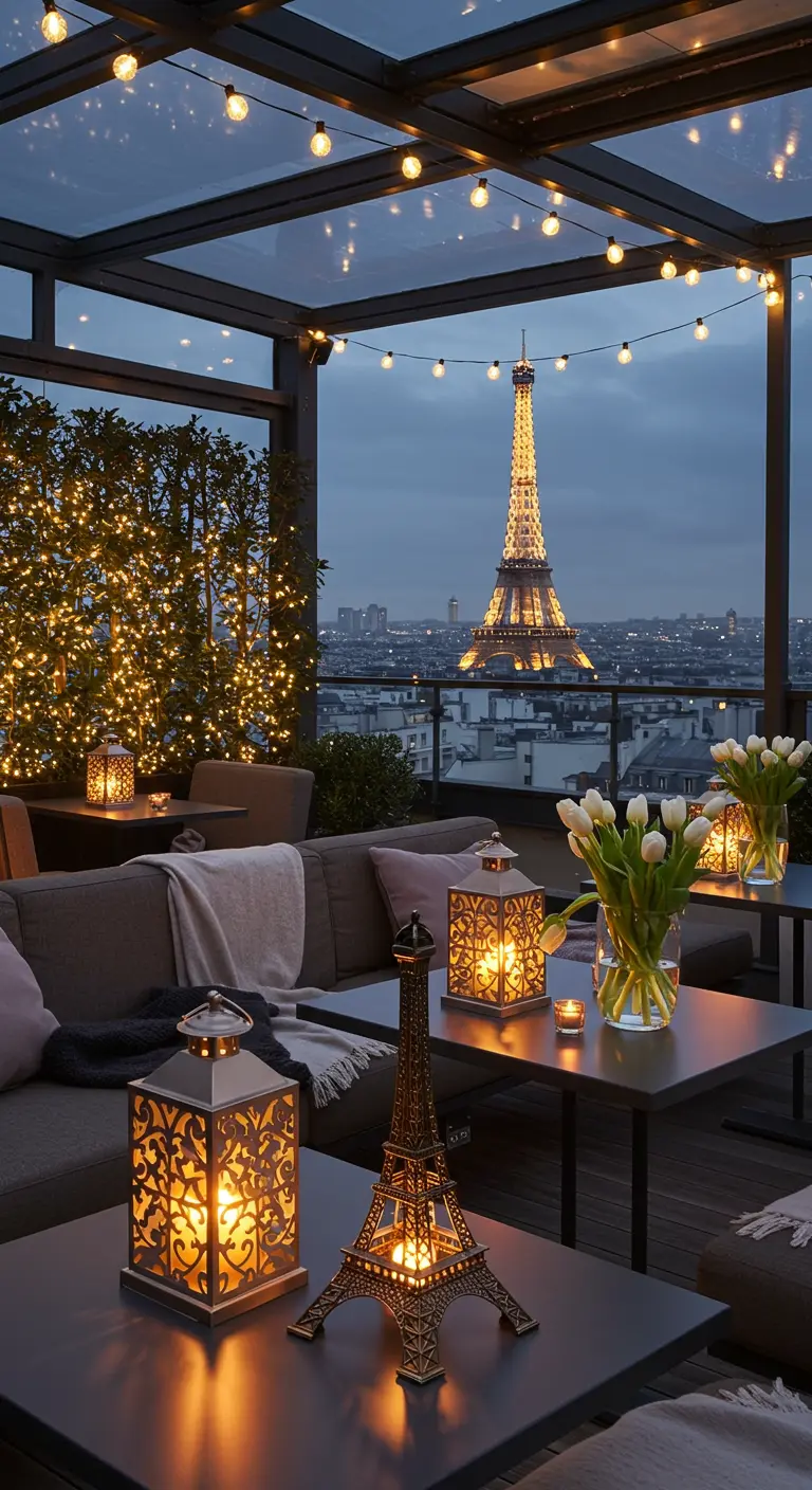 A rooftop terrace overlooking the Eiffel Tower at dusk, decorated with string lights and lanterns