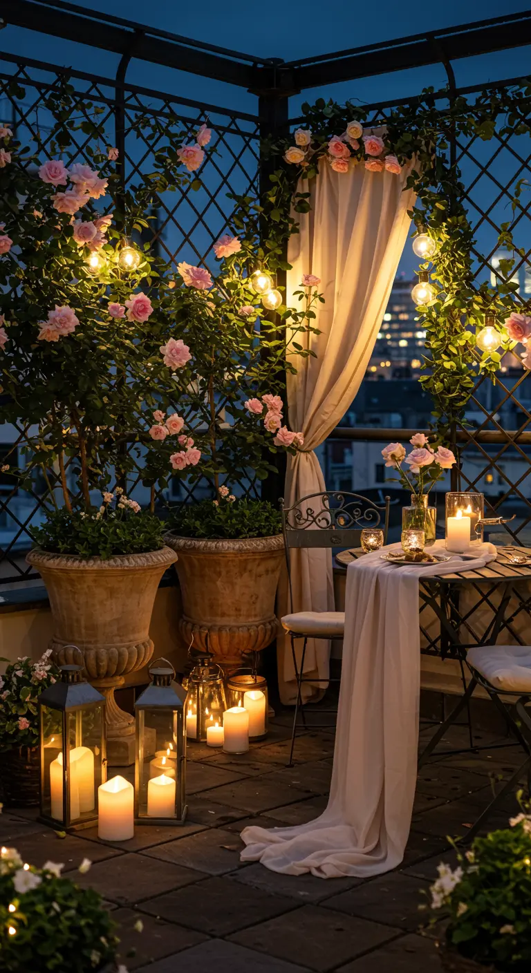 Romantic rooftop balcony with climbing pink roses, string lights, lanterns, and bistro dining set at dusk.