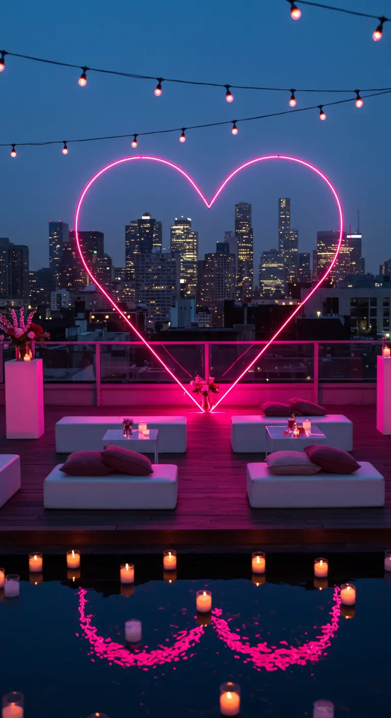 A rooftop party at dusk with a large neon pink heart and glowing candles.