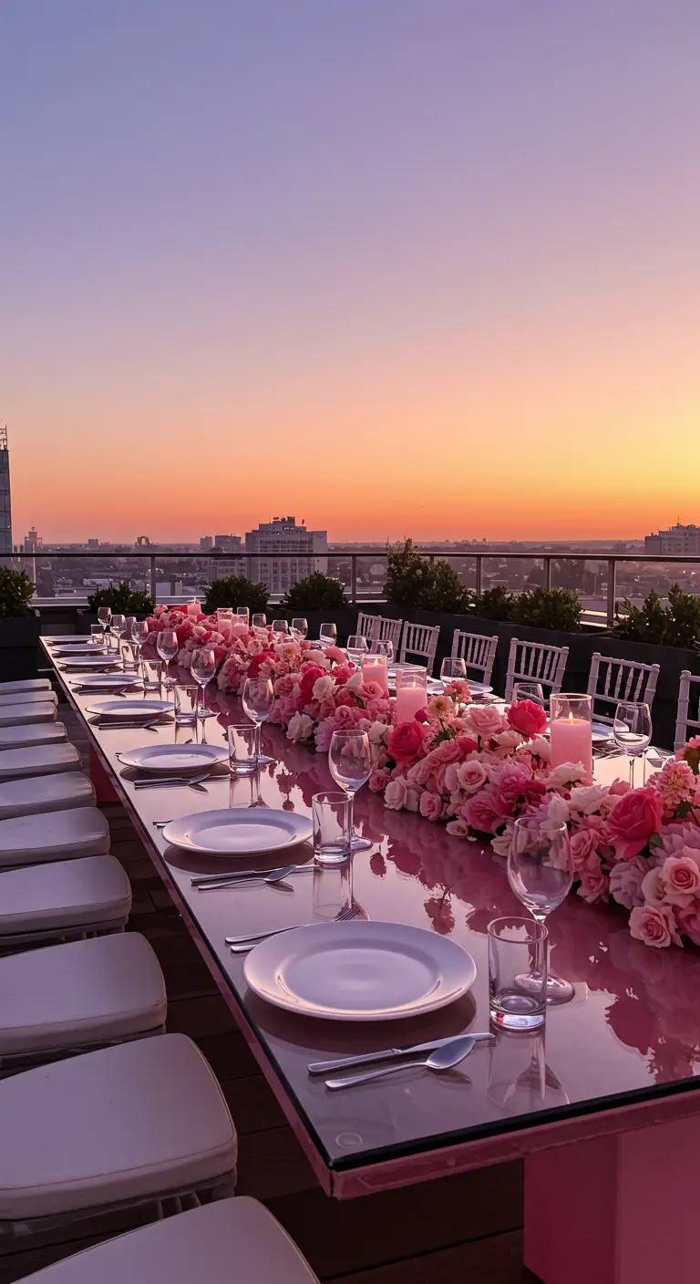 Long rooftop table covered in a pink floral runner overlooking a city at sunset.