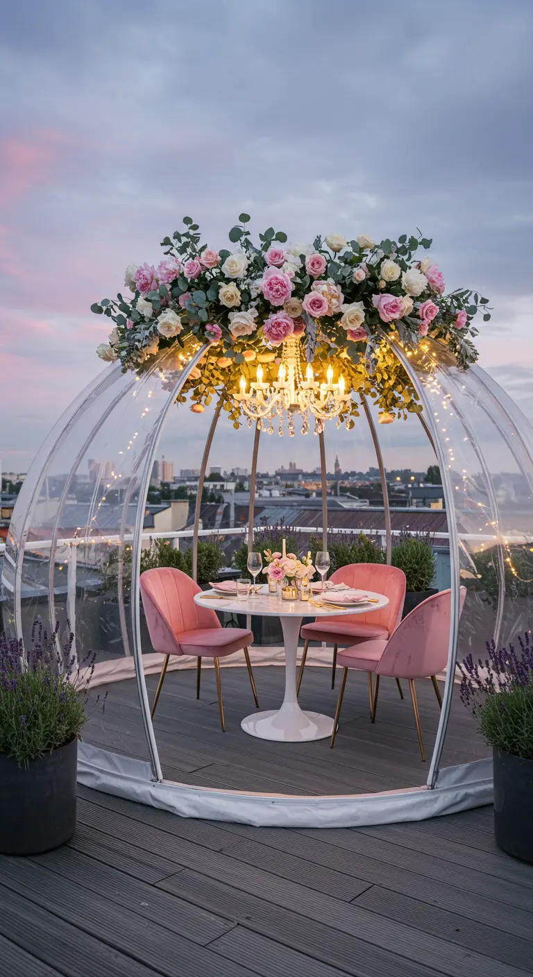 A clear dining dome on a rooftop deck, adorned with a pink and white rose chandelier.