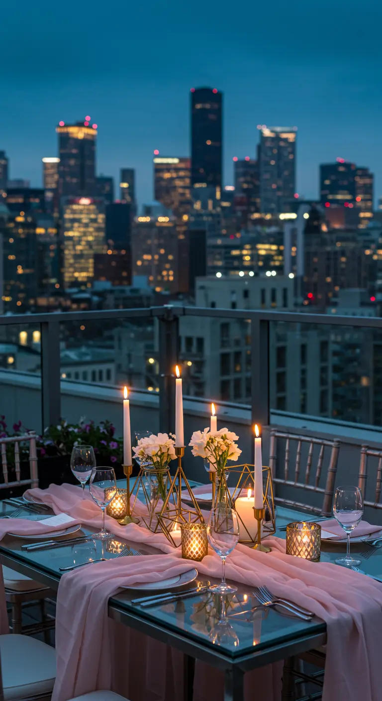 A rooftop table setting with a city skyline view, a blush runner, and geometric gold candle holders.