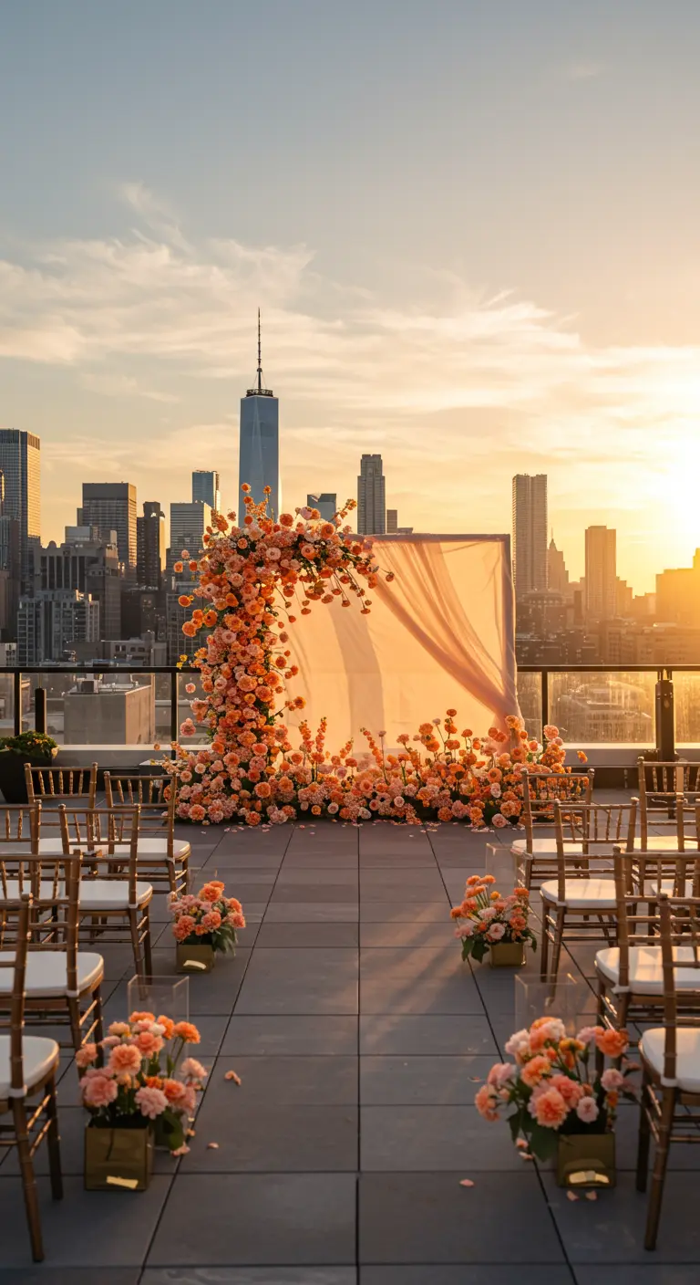 Rooftop wedding altar with peach flowers framing a city skyline at sunset.