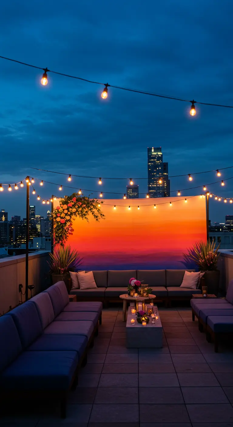 A hand-painted sunset ombré backdrop on a city rooftop at dusk, draped with flowers.