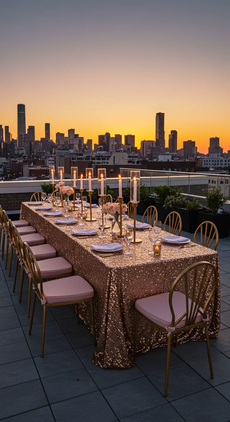 A dinner party on a rooftop at sunset, with a gold sequin tablecloth.