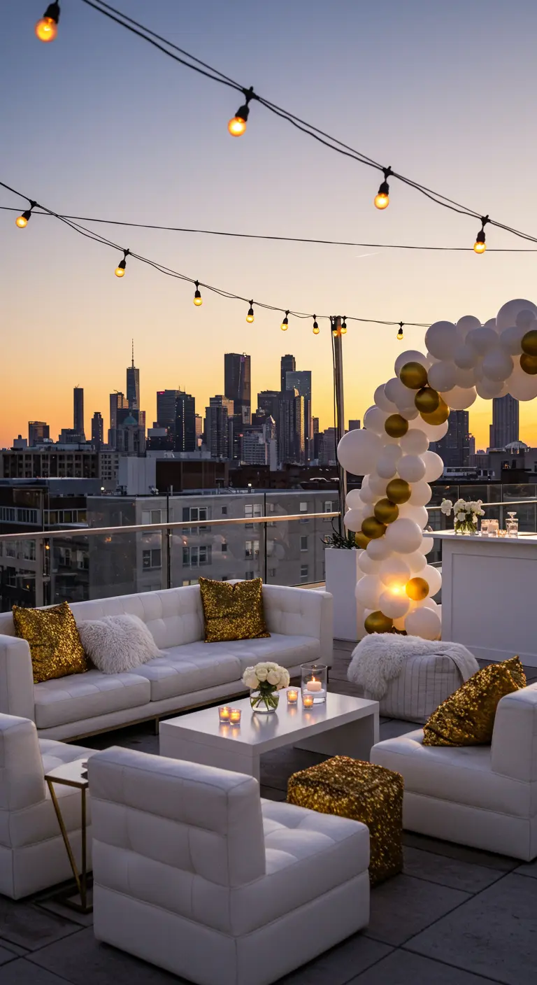 A chic rooftop lounge with white sofas, gold pillows, and a balloon arch.