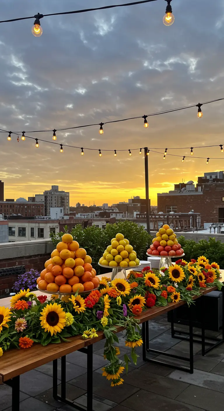 A rooftop buffet table with sunflower garlands and stacked pyramids of lemons and oranges.