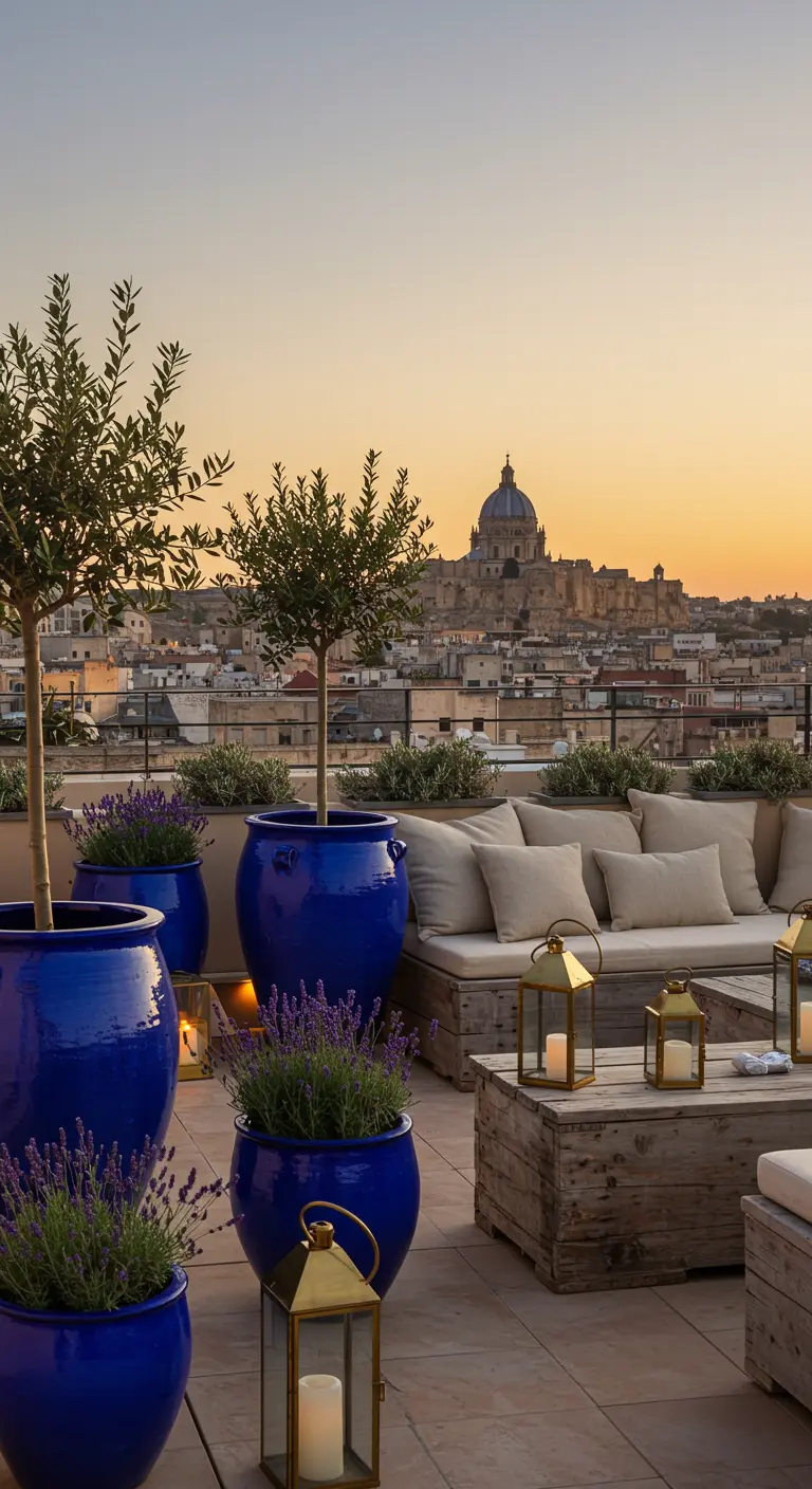 Rooftop terrace with olive trees in blue pots and lanterns at sunset.