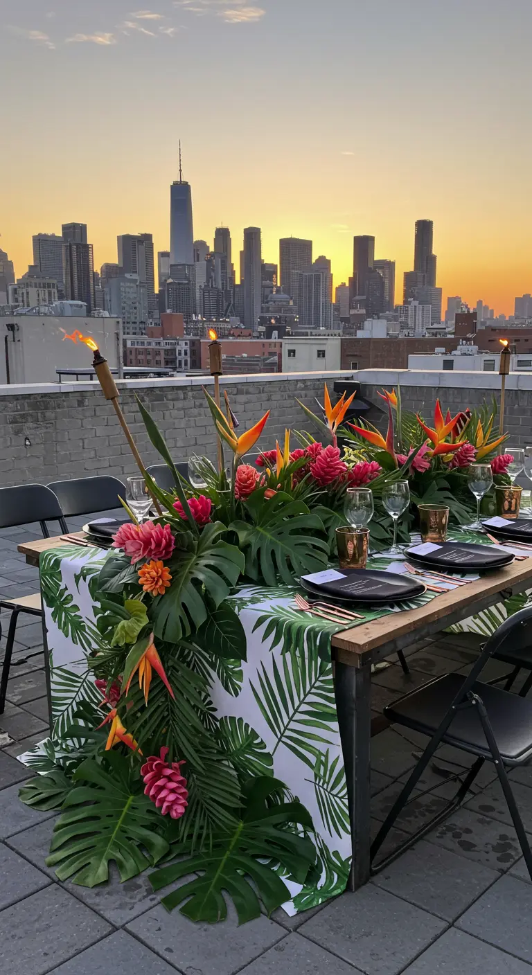 A rooftop table with a tropical leaf runner and fiery flowers, set against a city skyline at sunset.