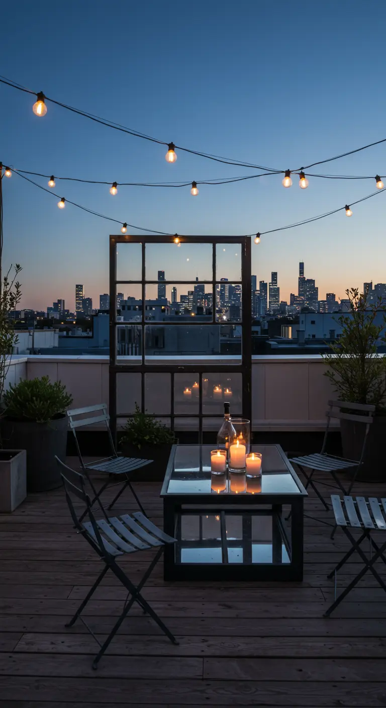 A black window frame stands on a rooftop deck, reflecting the city skyline behind a table with candles.