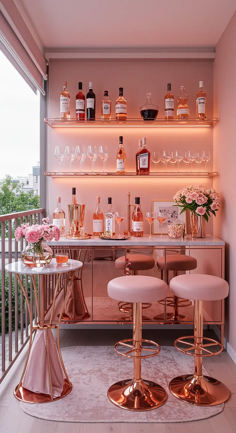 Blush pink and rose gold balcony bar with a mirrored sideboard and matching stools.