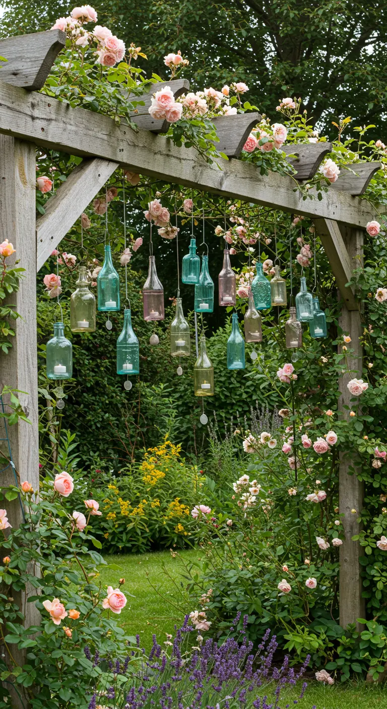 Pastel glass bottles with candles hanging from a wooden pergola covered in pink roses.