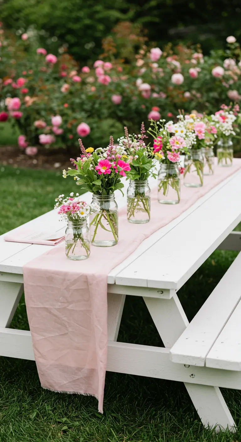 A white picnic table in a rose garden with a pink runner and Mason jars filled with pink flowers.