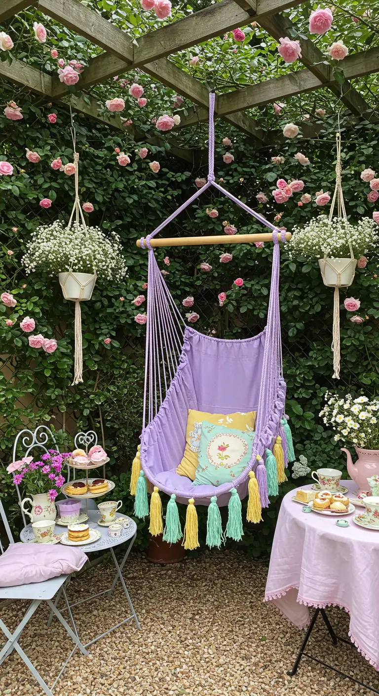 A lavender hammock chair with pastel tassels hanging in a garden of pink roses.