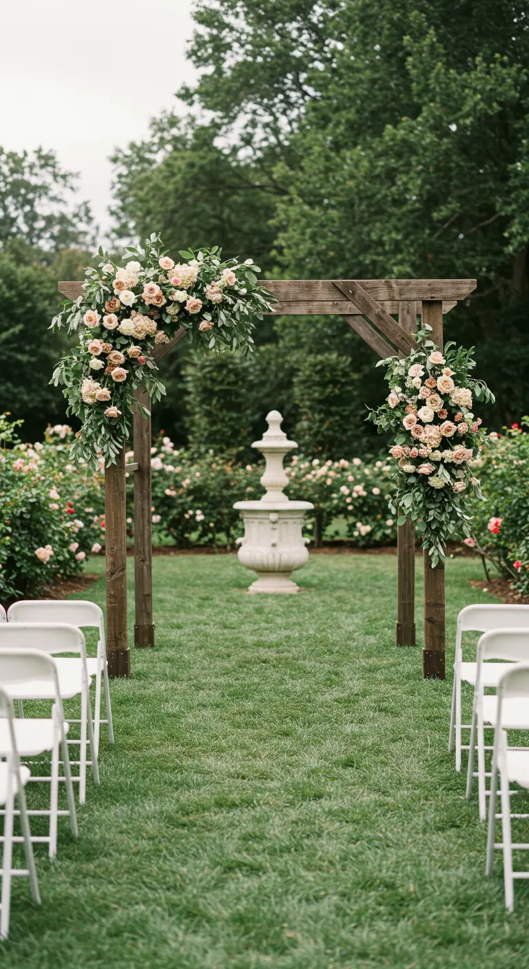 A wooden wedding arch with blush roses, set in a formal garden with a fountain.