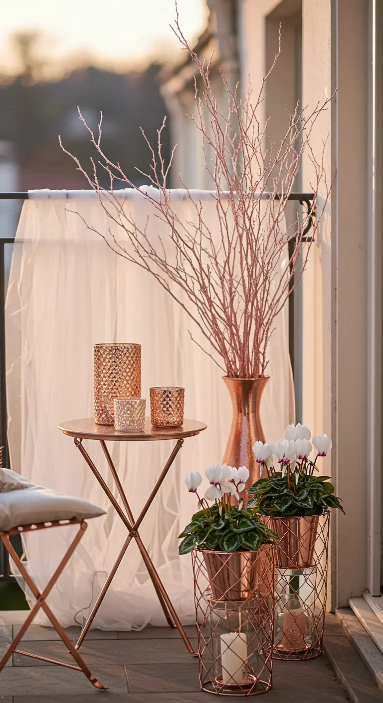 A balcony corner with rose gold furniture, planters, and vases holding white cyclamen.