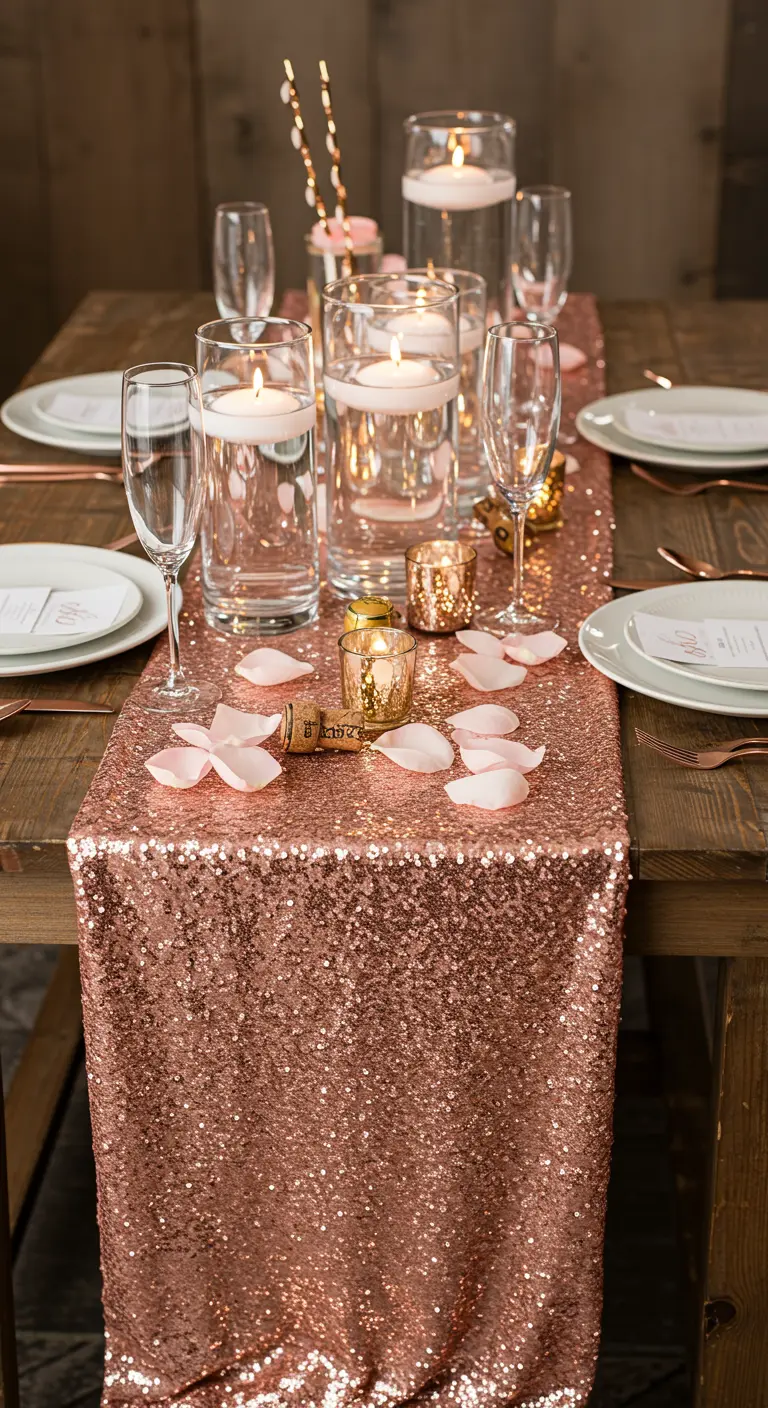 A rustic table with a rose gold sequin runner, floating candles, and champagne flutes.