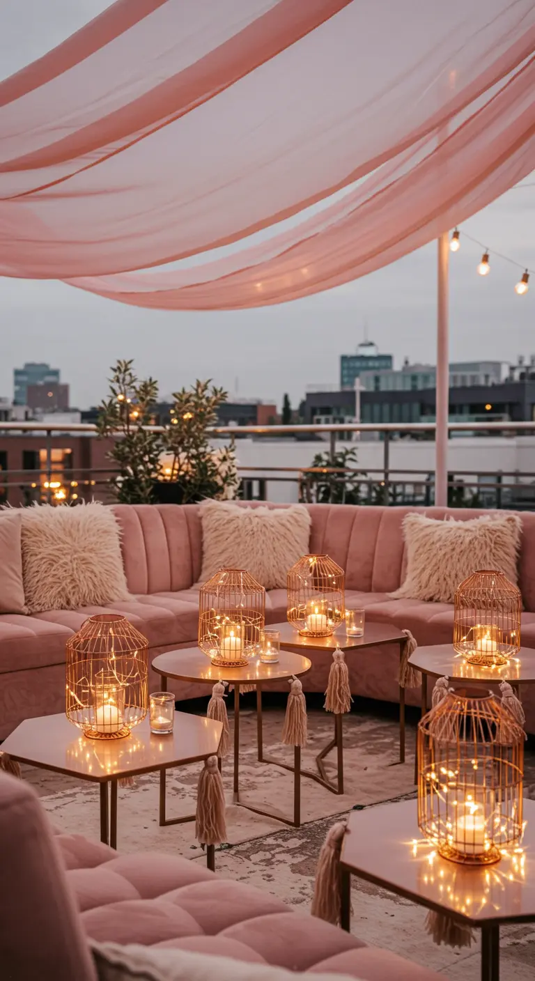 A pink-toned rooftop lounge with a fabric canopy and wire lanterns filled with fairy lights.