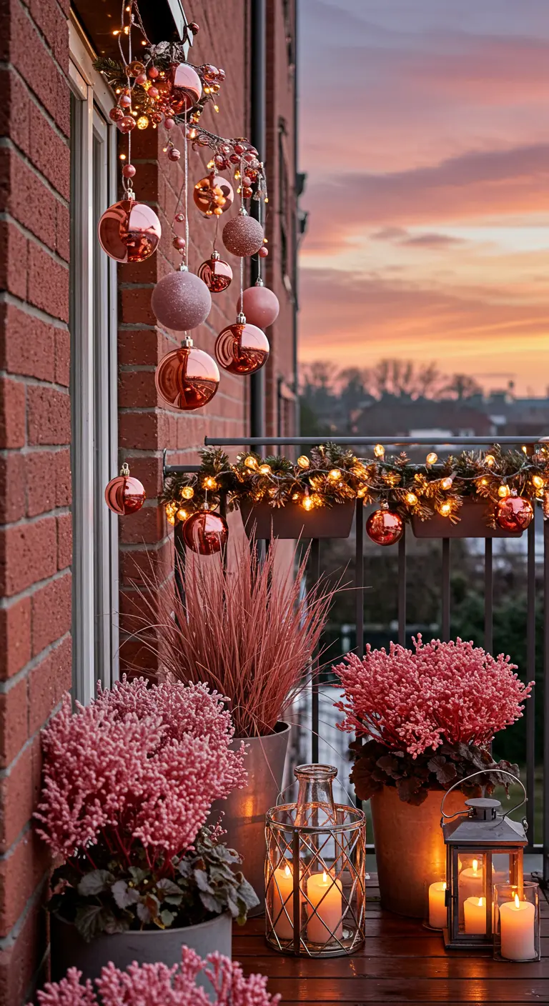 Balcony with a warm sunset, decorated with rose gold baubles and pinkish plants.