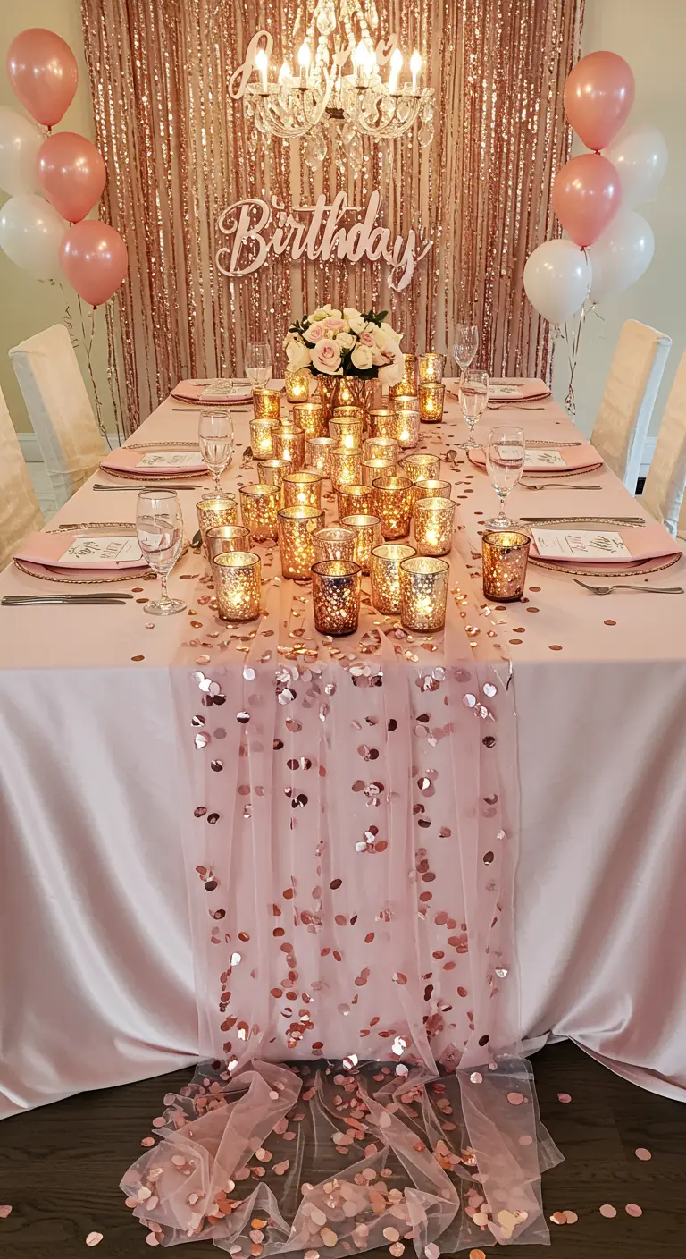 A pink table setting with a cascading rose gold confetti runner and a sequin backdrop.