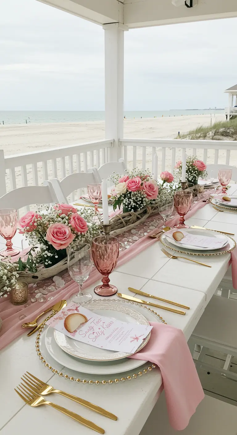 Romantic porch table setting with pink roses, a pink runner, and gold flatware.