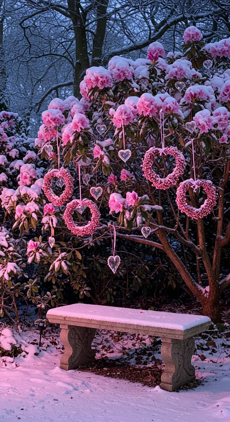 A snow-dusted rhododendron bush with pink flowers, decorated with pink heart-shaped wreaths and ornaments.