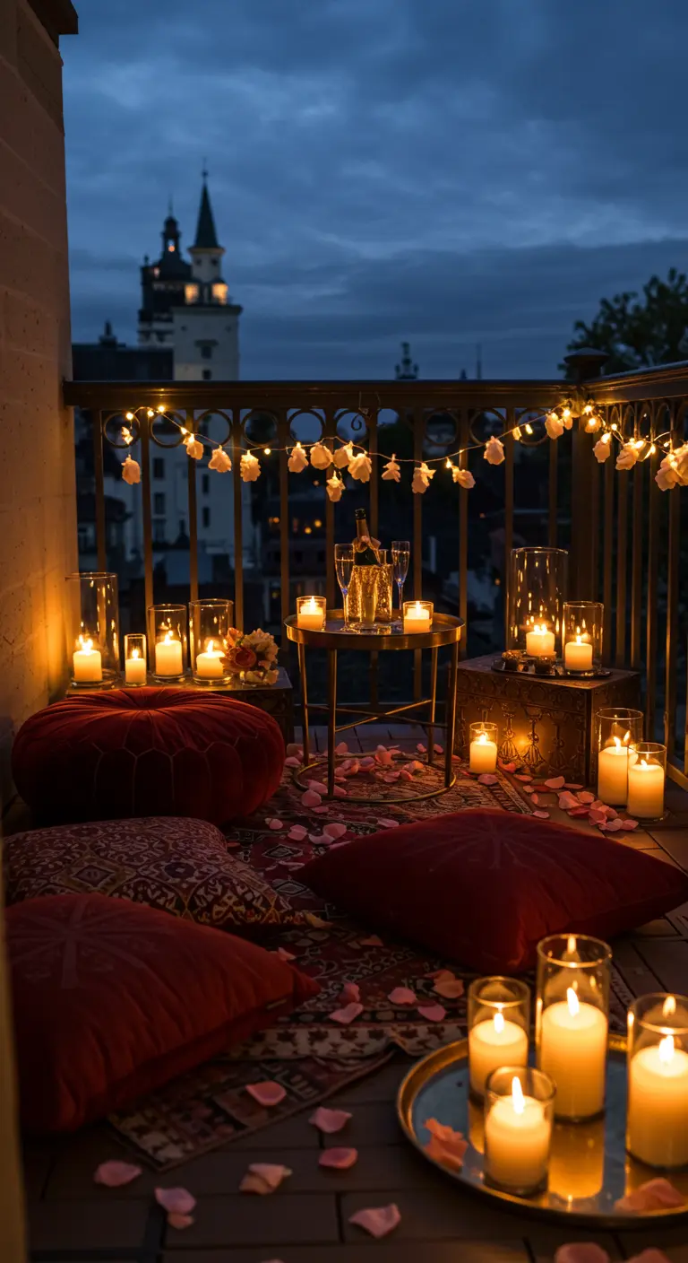 Balcony with scattered rose petals, many lanterns, and red cushions for romance.