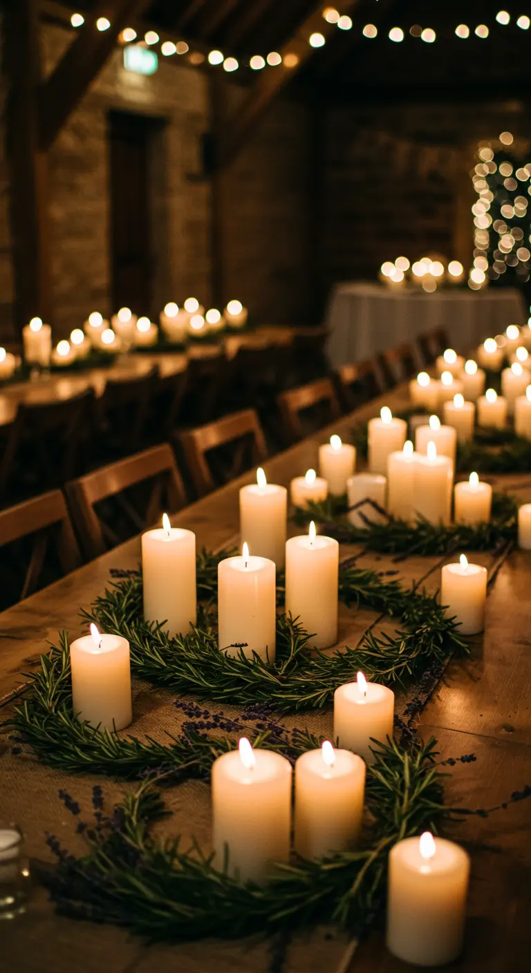 White pillar candles surrounded by fresh rosemary wreaths on a burlap runner.